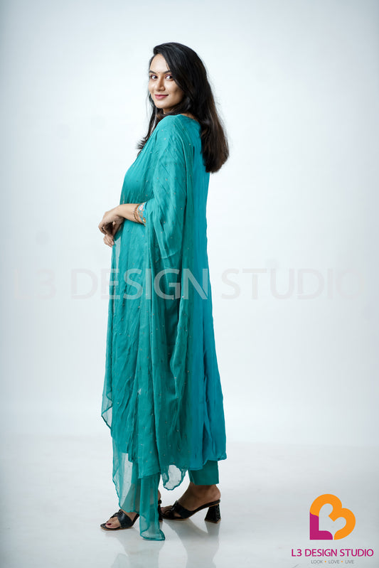 Blue & Green Luxurious Silk Panel Dress with Embroidery and Sequin Dupatta