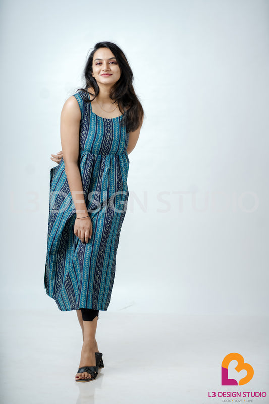 Navy and Light Blue Printed Cotton Sleeveless Dress