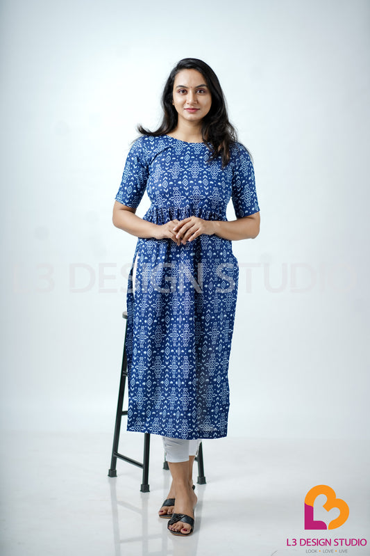 Navy Blue Printed Aline Slitted Kurti with Pleated Yoke