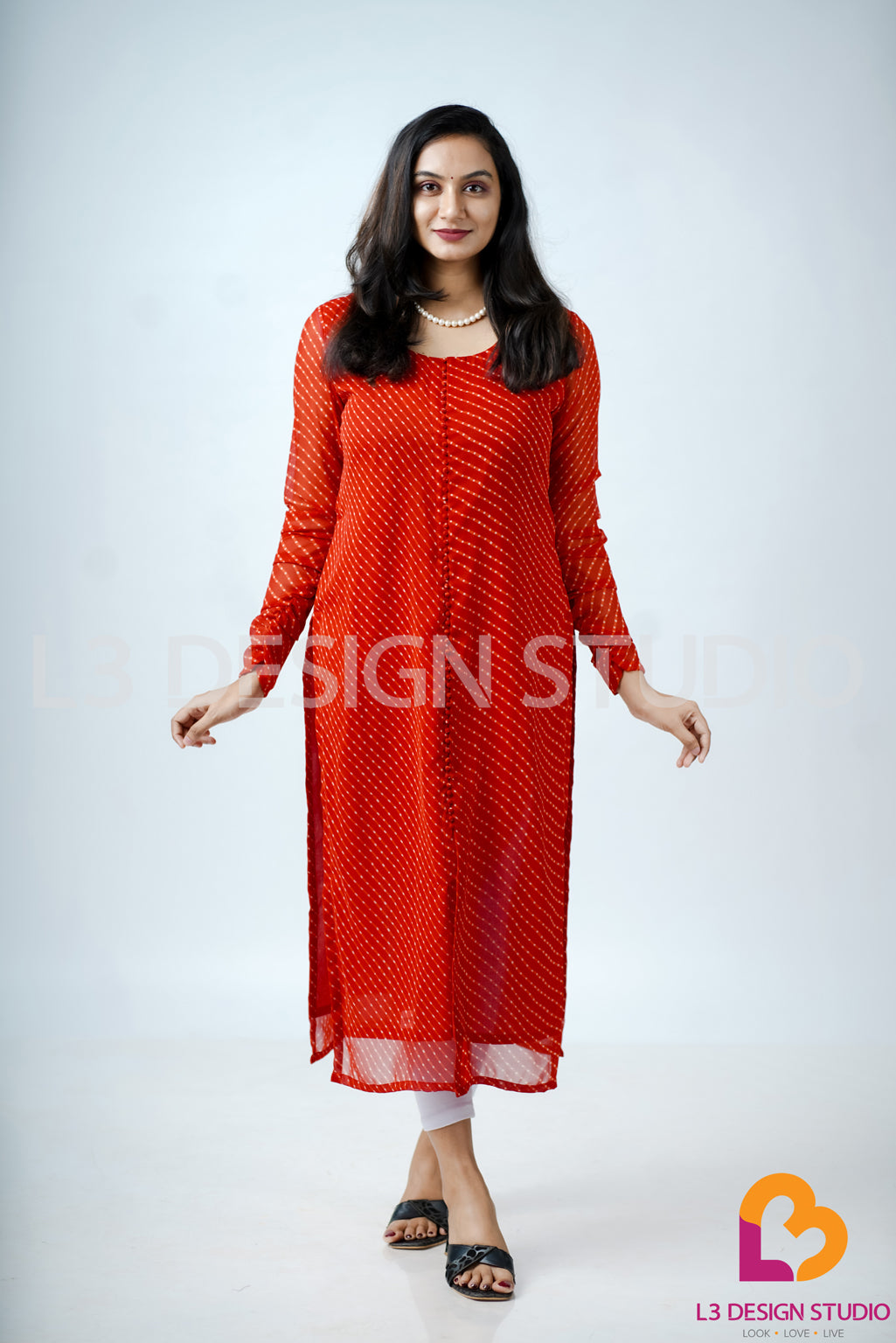 Red Georgette Kurti with White Dots and Full Sleeves