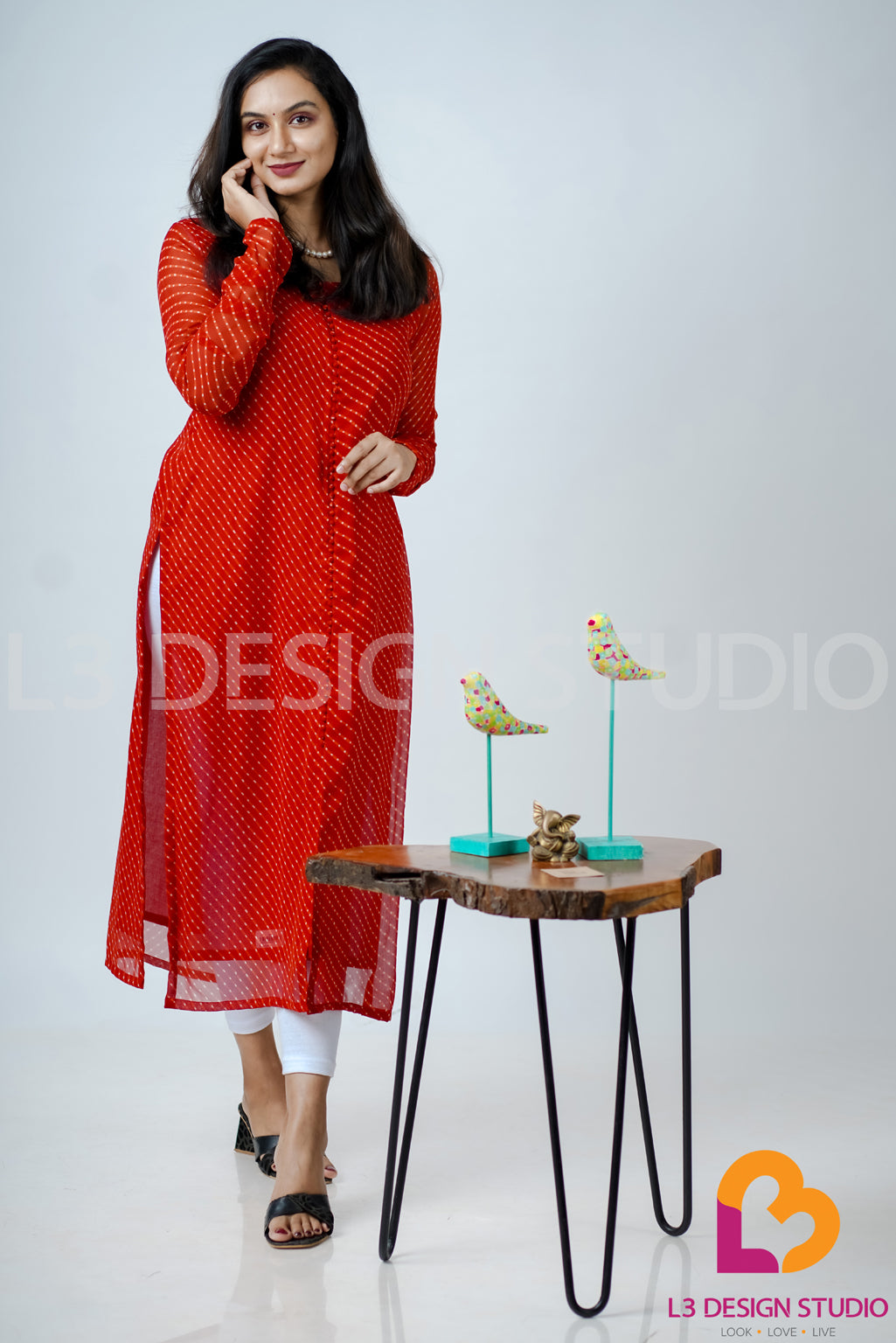 Red Georgette Kurti with White Dots and Full Sleeves