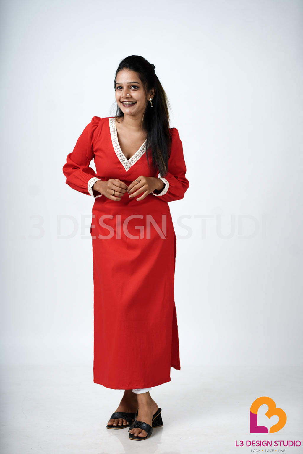 Red Puff Sleeved Kurti with Lace Adornments