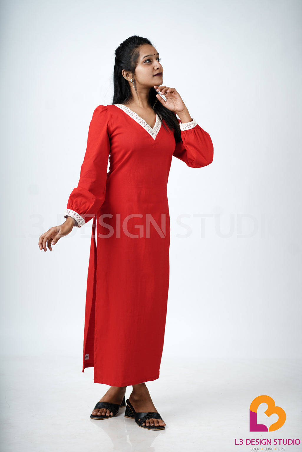 Red Puff Sleeved Kurti with Lace Adornments