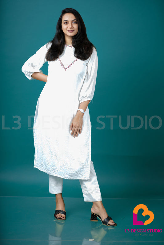 White Silver Lined Rayon Kurti with Embroidered Neck