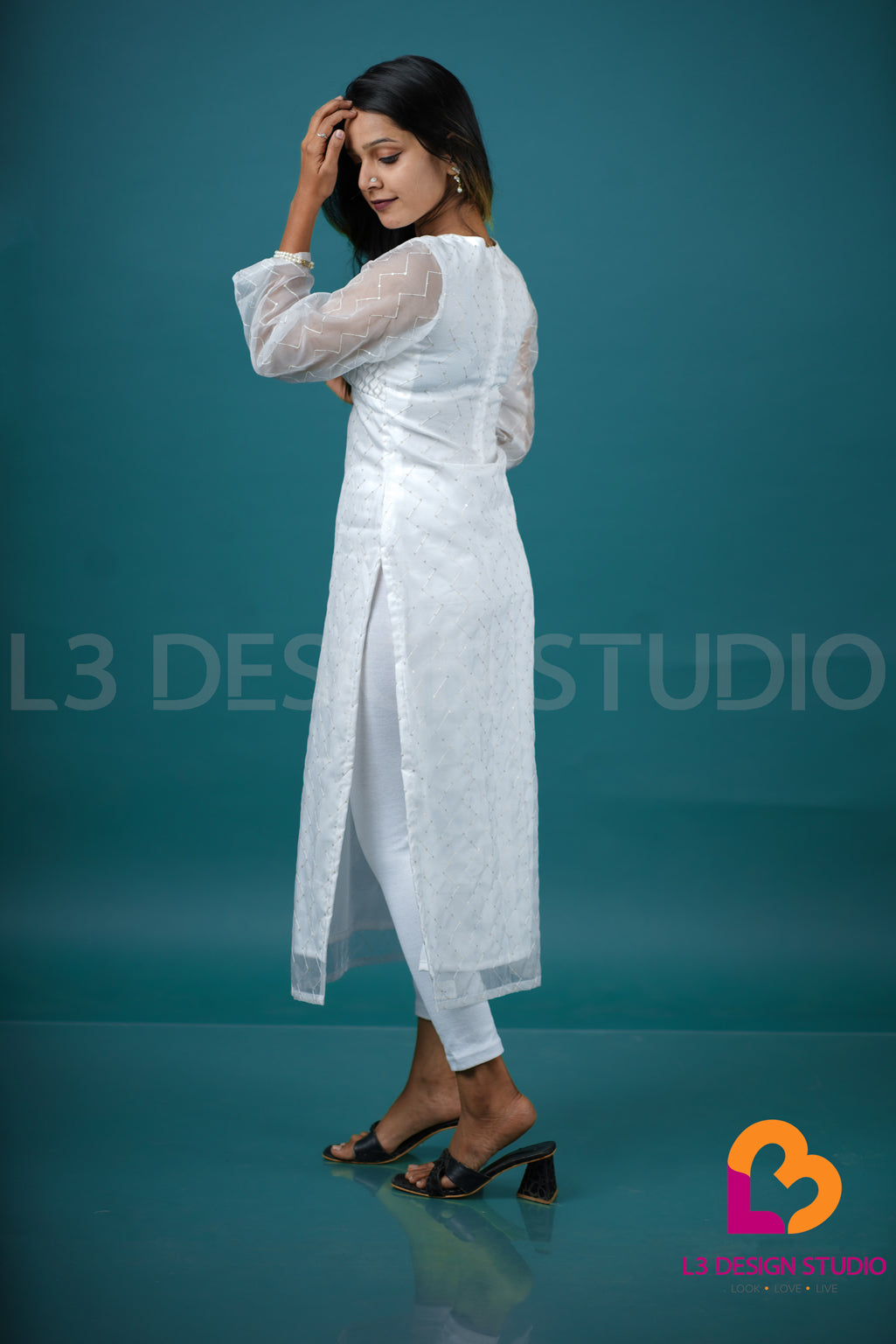 White Self Embroidered Sequin Worked Organza Kurti