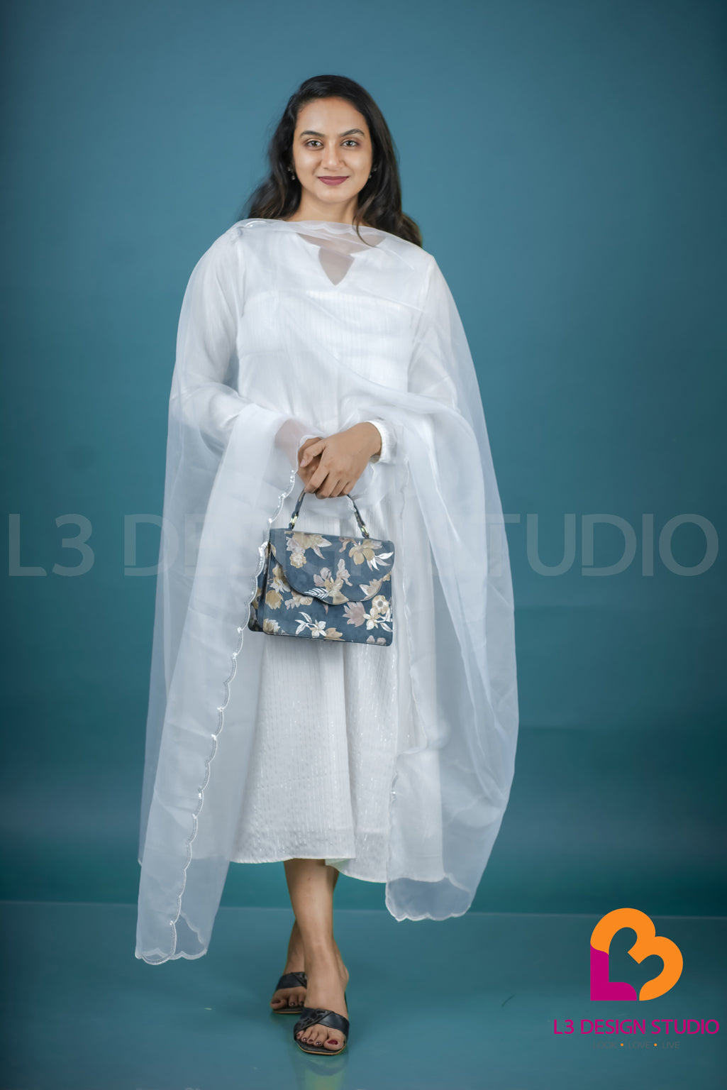 White Silver Lined Rayon Aline Dress with Organza Dupatta