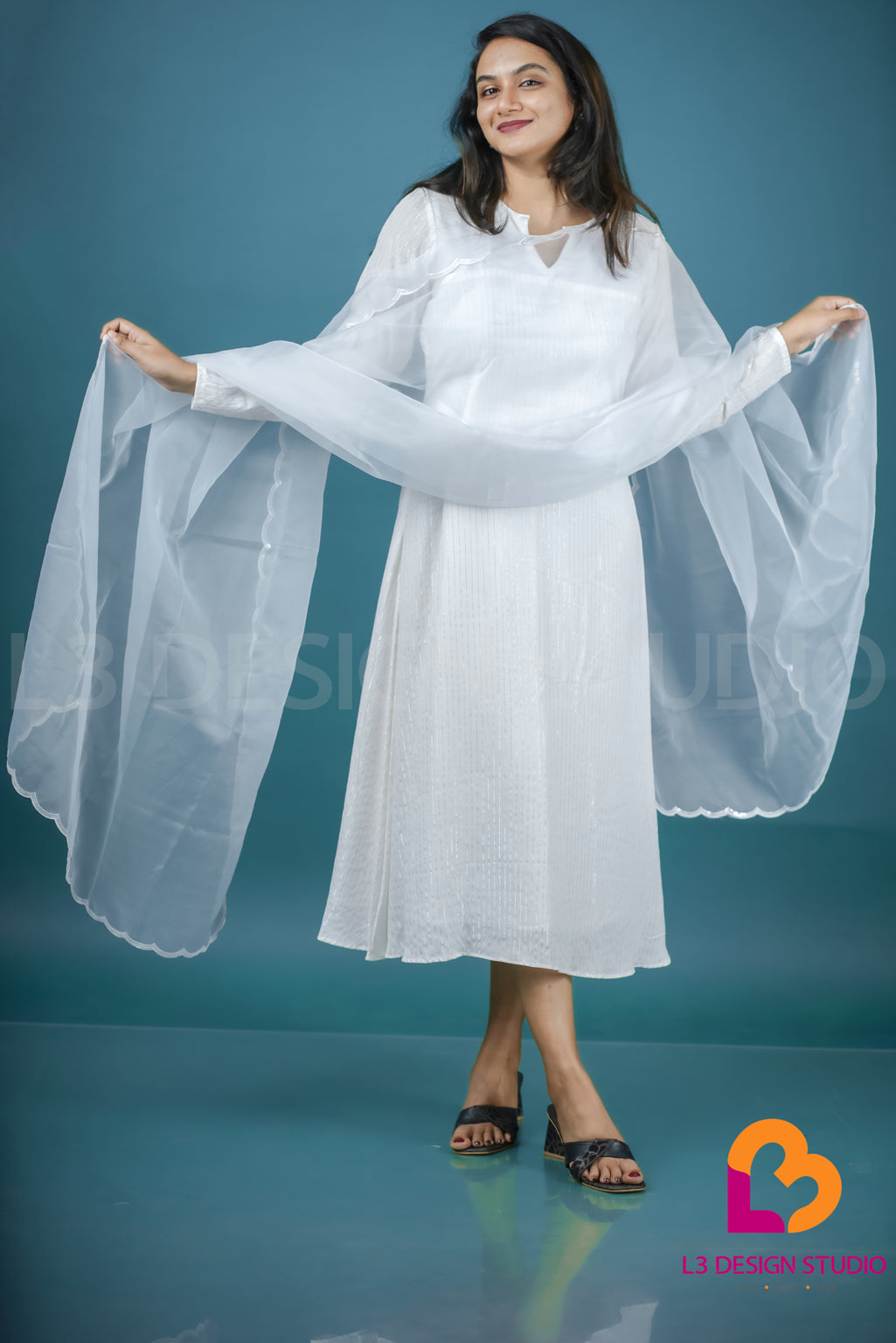 White Silver Lined Rayon Aline Dress with Organza Dupatta