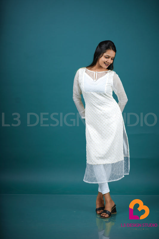 Off White Designer Viscose Georgette Kurti with Organza Details