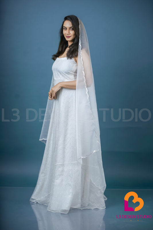 White Self-Embroidered Sequin Organza Sleeveless Gown