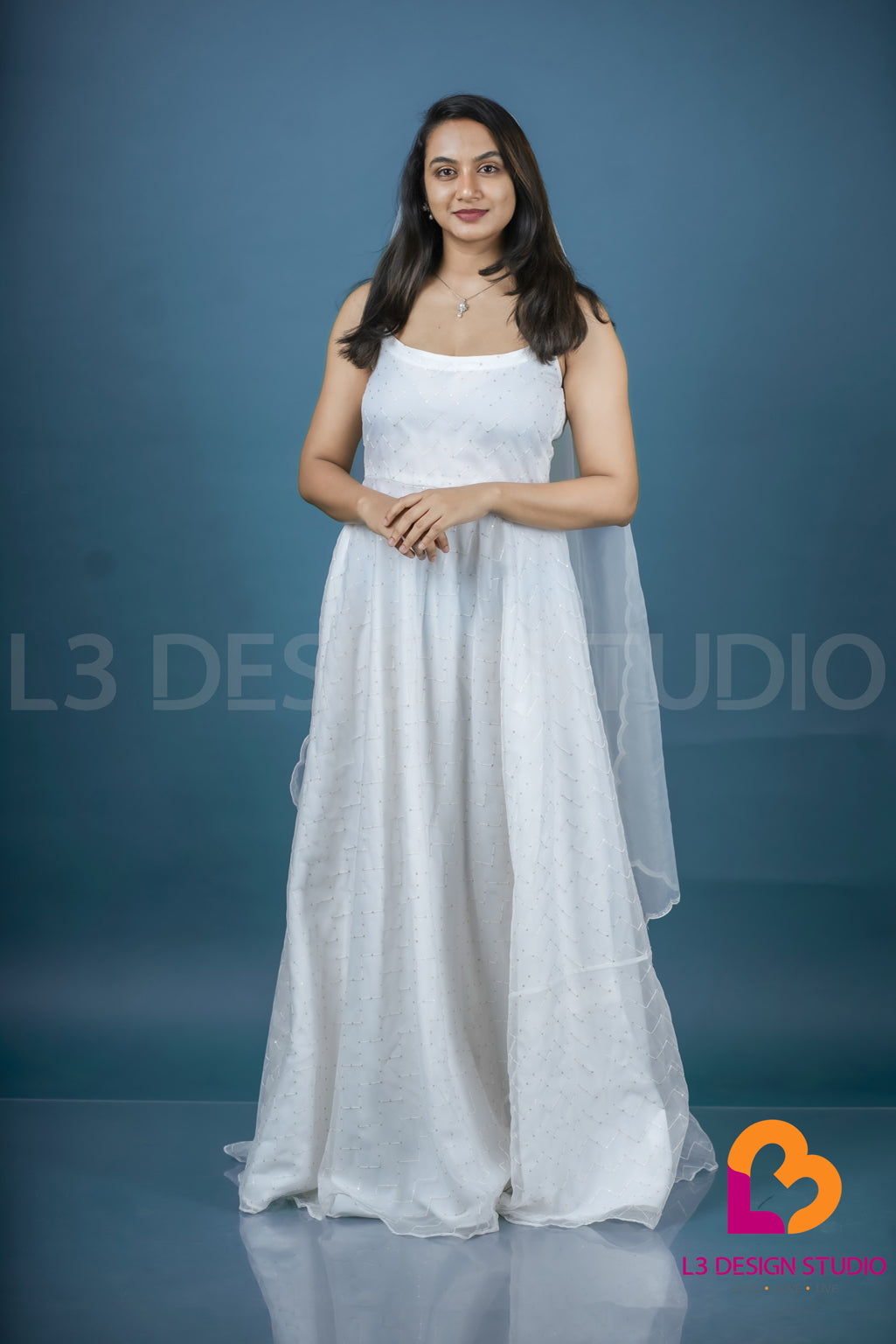 White Self-Embroidered Sequin Organza Sleeveless Gown