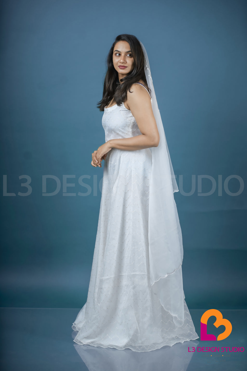 White Self-Embroidered Sequin Organza Sleeveless Gown