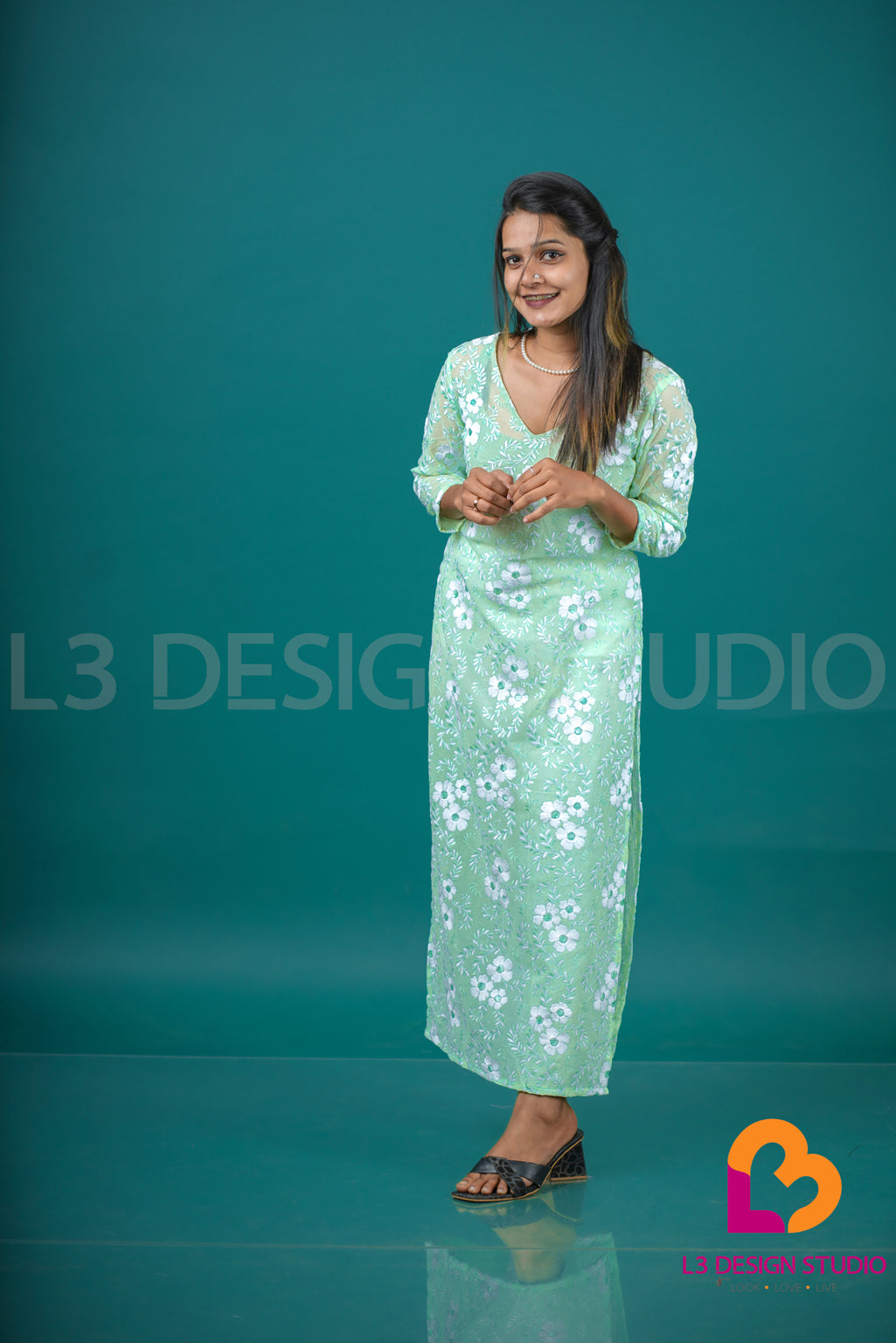 Pastel Green Embroidered Voile V-Neck Kurti