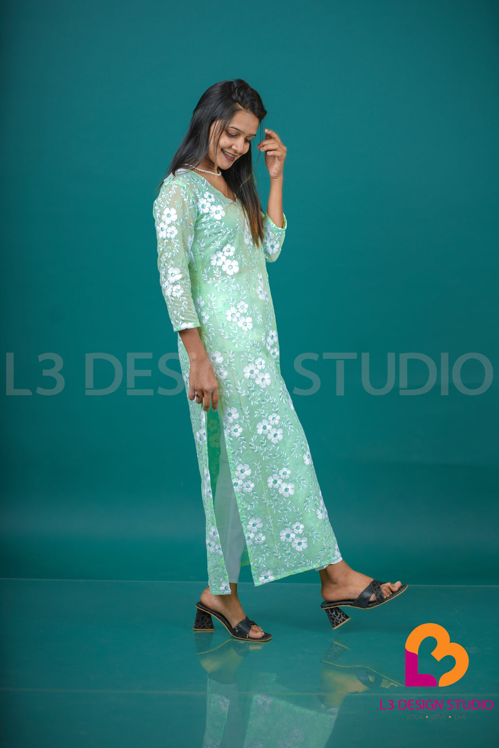 Pastel Green Embroidered Voile V-Neck Kurti