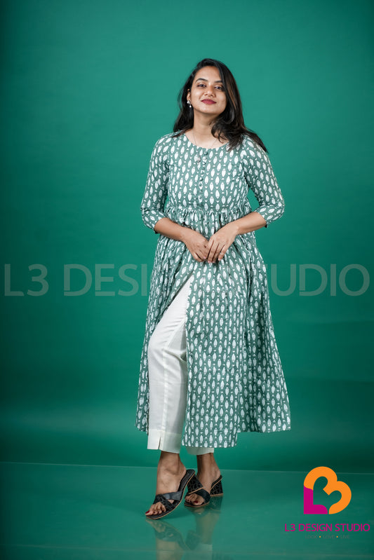 Green Printed Cotton Dress with Front High Slit and Yoke