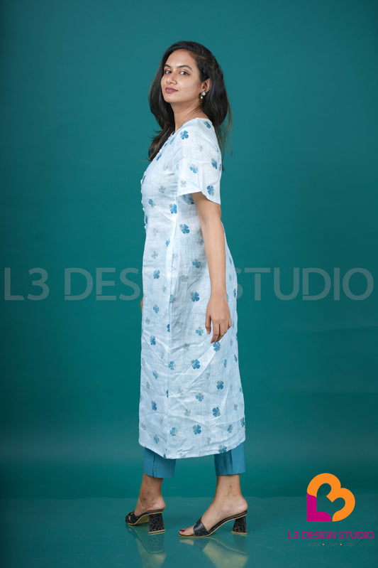 Pastel Blue Printed Linen Dress