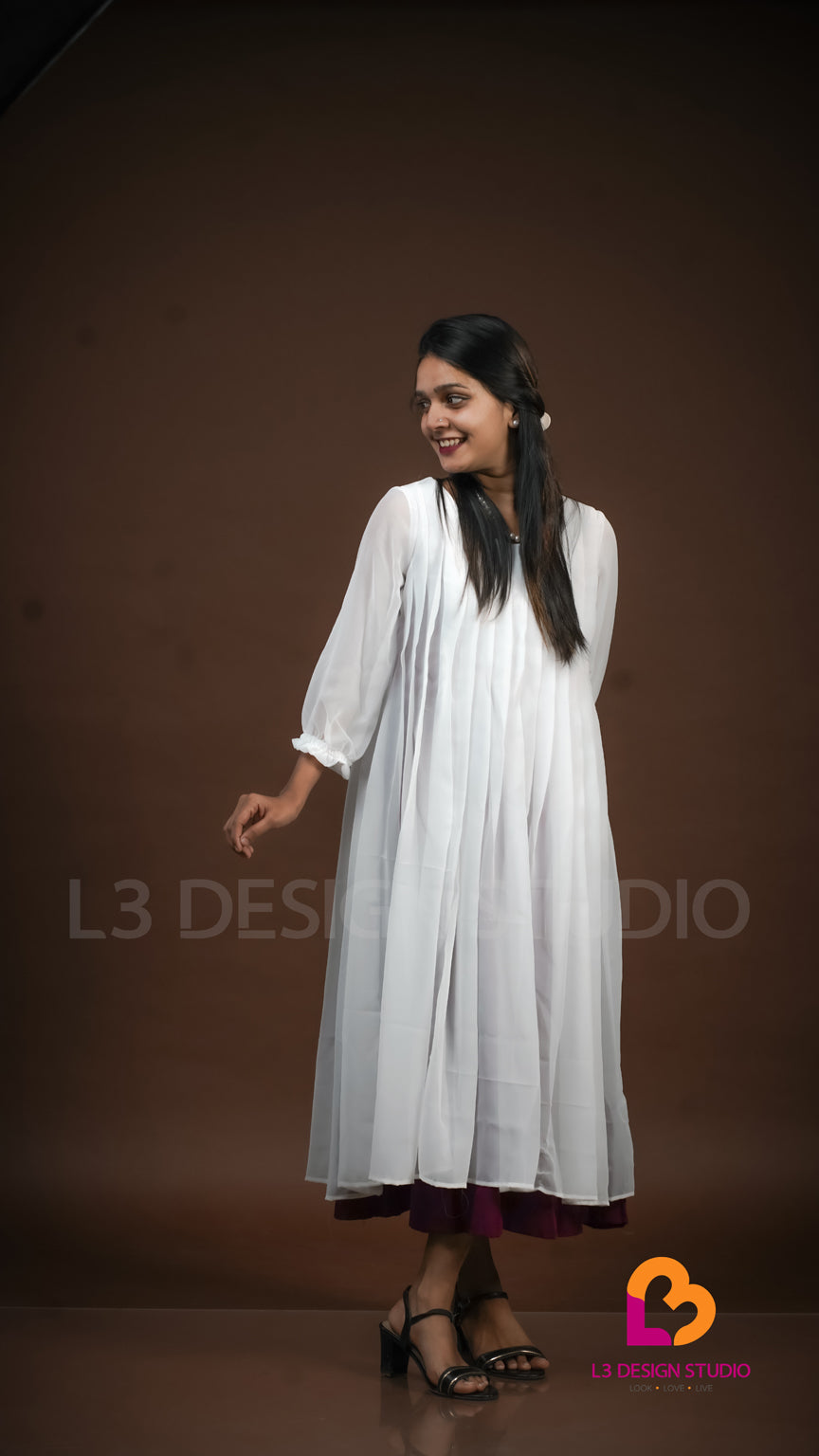 White Pleated Georgette Dress with Chocolate Brown Lining