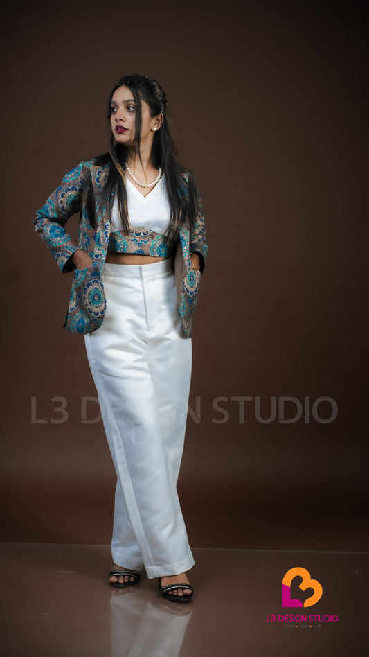 White Satin Co-ord Set with Printed Yoke & Blazer Cardigan