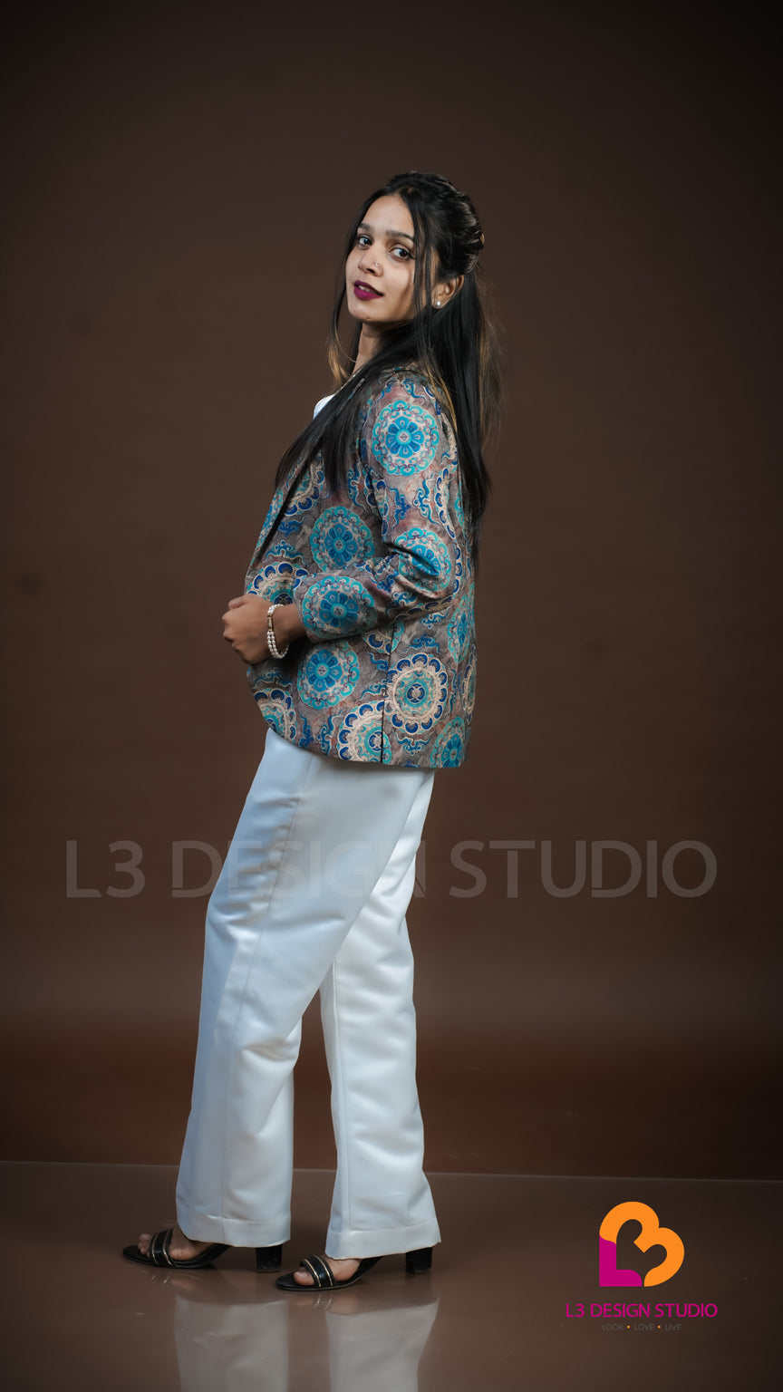 White Satin Co-ord Set with Printed Yoke & Blazer Cardigan