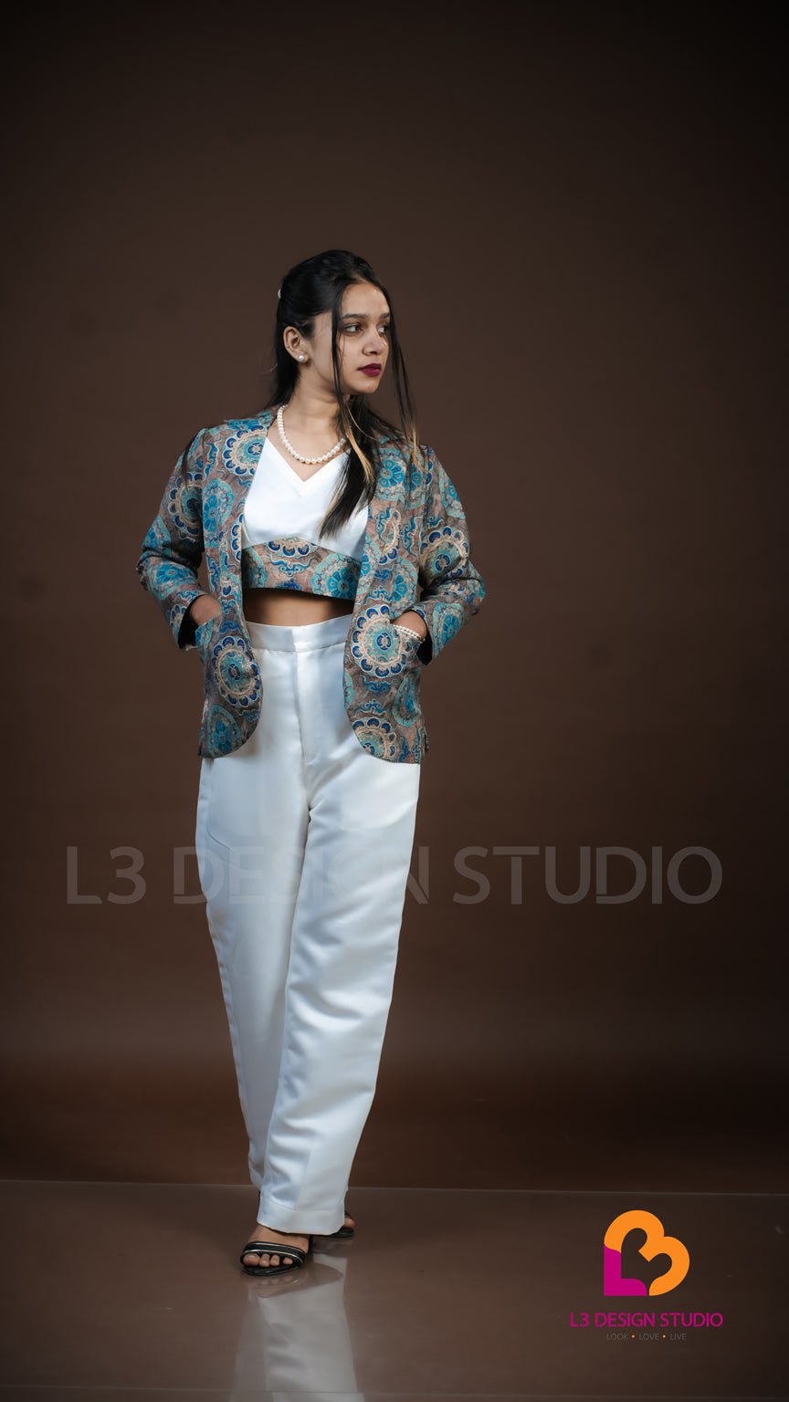 White Satin Co-ord Set with Printed Yoke & Blazer Cardigan