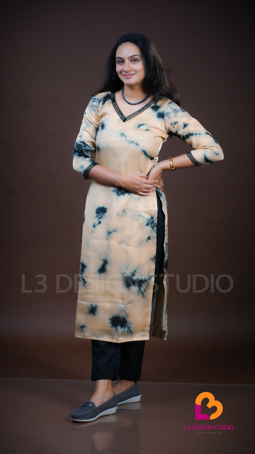 Beige & Black Tie-Dye Kurti