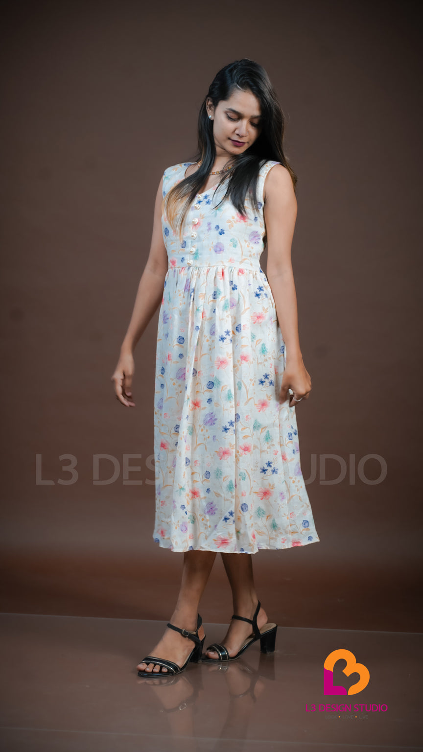 White Floral Linen Dress with Pearl Embellishments