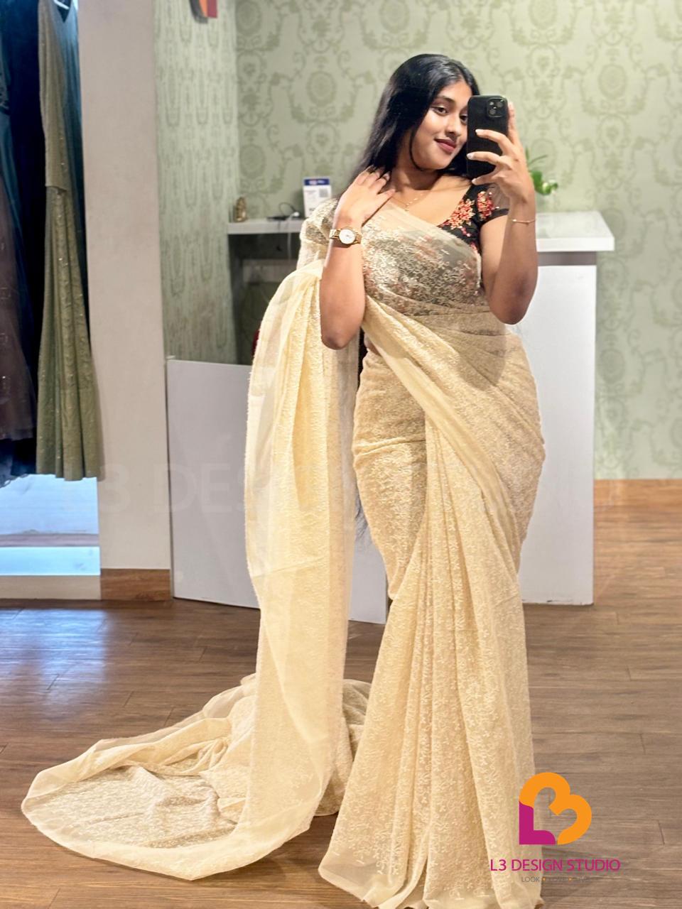 Beige Phulkari Saree