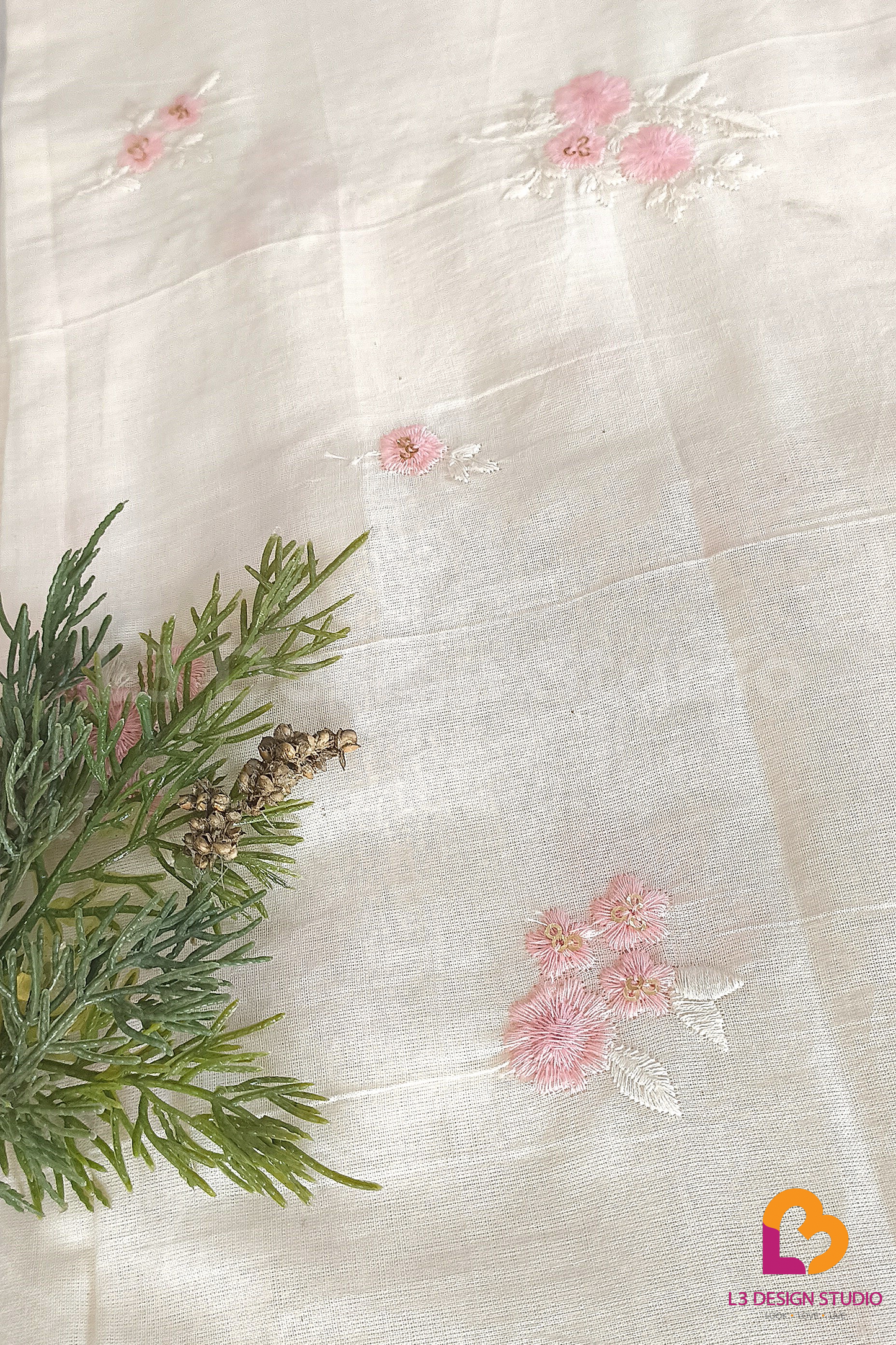 Dyeable Cotton Fabric with Floral Embroidery and Sequins - 3 Meters in Pink and Grey
