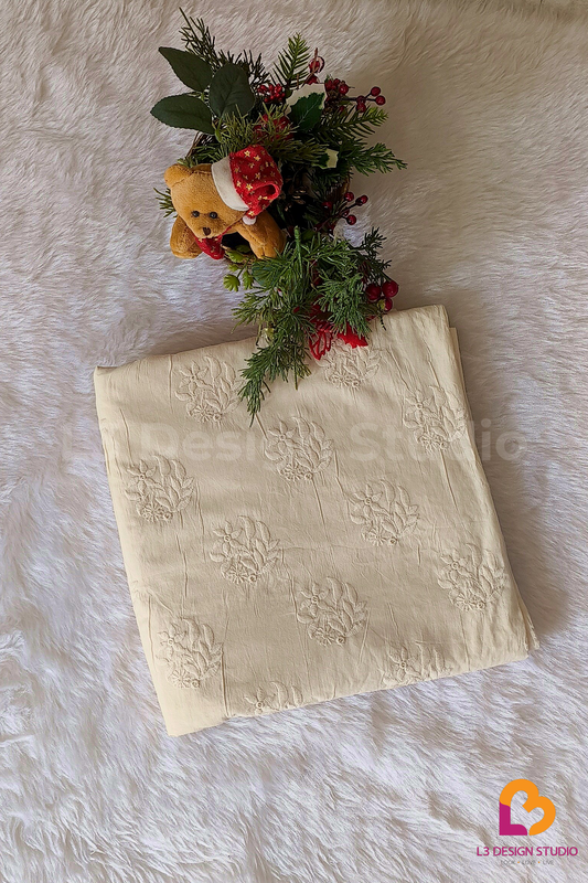 3 Meters Dyeable Cotton Fabric with Elegant Floral Thread Work