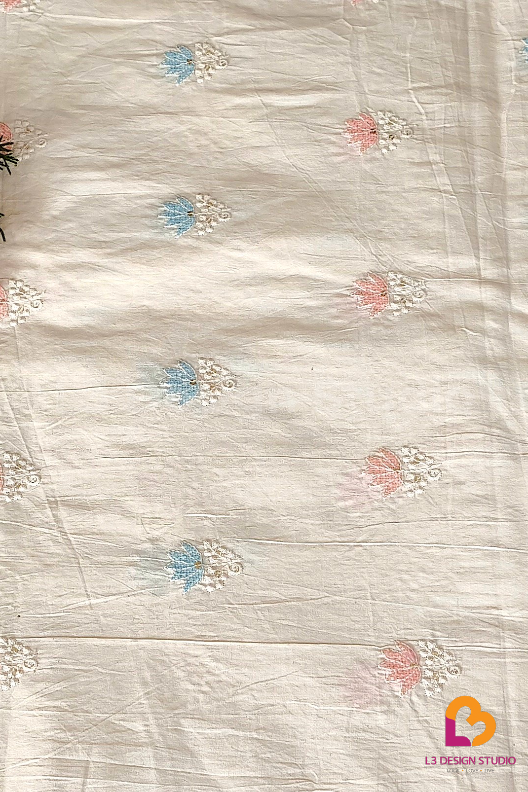 Beautifully Embroidered Floral Thread Work on 3 Meters of Dyeable Cotton